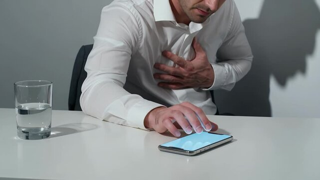Heart attack, man and chest pain in office with smartphone, glass of water and emergency call. Sick businessman, cardiac arrest and healthcare at work with medical problem, suffering and high stress
