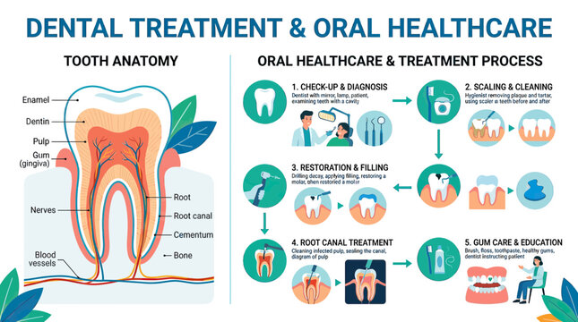 Dental Treatment and Oral Healthcare Infographic: Tooth Anatomy and Process