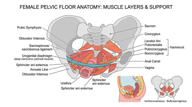 Female Pelvic Floor Anatomy: Muscle Layers and Support Diagram