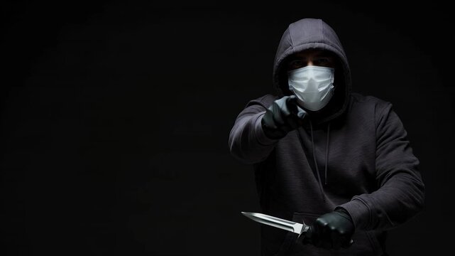 Thief, criminal and knife in dark for robbery, assault and violence. Masked man, hoodie and weapon with danger, threat and illegal activity. Scary person, burglary and fear in studio shot film.