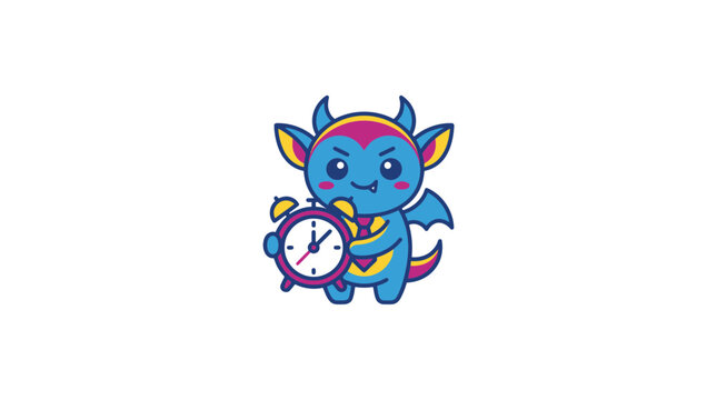 Cute Blue Monster Holding Alarm Clock, Time Management Concept