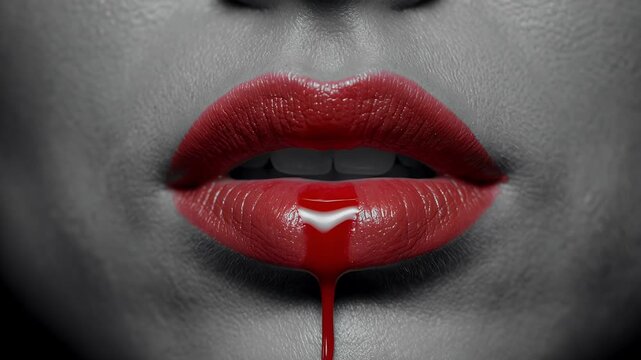 Red dripping lips, lipstick and gloss with makeup, beauty and cosmetics for fashion. Glamour, mouth and sensual with desire, liquid and seductive for advertising, marketing and creative concept art