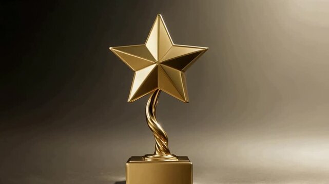 Shiny gold star trophy award standing on a dark reflective surface representing success and top achievement