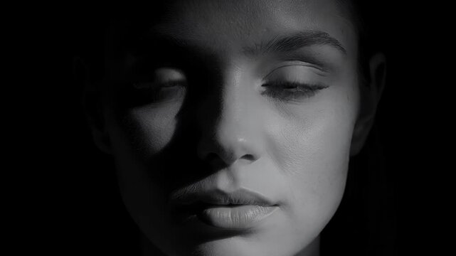 Woman, portrait face and dramatic lighting in dark room for mystery, beauty and skincare marketing. Person, shadow and cinematic effect with intensity, contrast and profile for film noir style