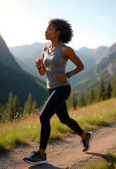 Obraz premium Young black woman jogging on mountain trail at sunrise