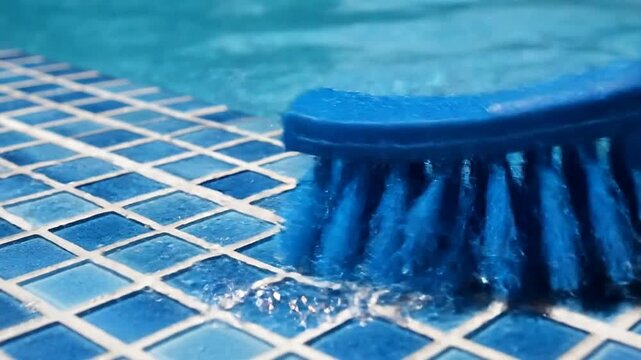 Extreme Close-Up Of Stiff Pool Brush Cleaning The Blue Tiled Waterline Of A Swimming Pool Surface