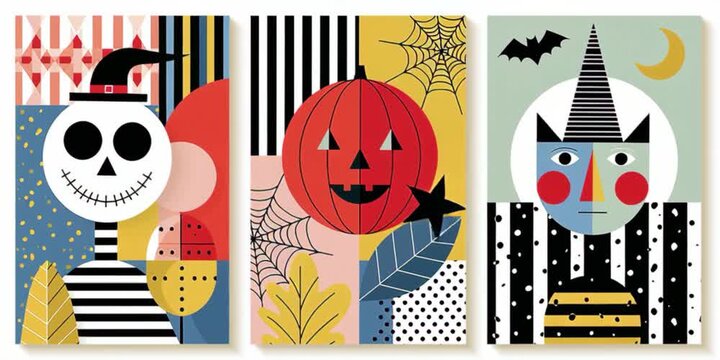Triptych featuring cute spooky Halloween characters in a minimalist geometric boho style with soft earthy colors, playful seasonal charm and modern design for wall art decor or backgrounds.