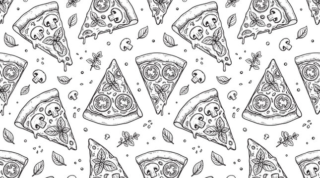 Hand drawn pizza slice seamless pattern with mushrooms and basil leaves on a white background vector illustration