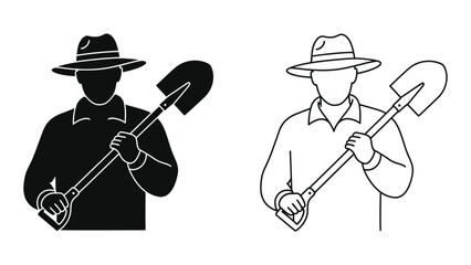 Farmer silhouette holding a shovel and gardening tool black and white outline © MDSAEEM