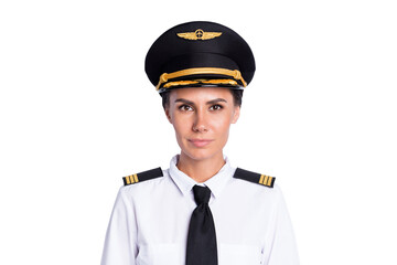 Photo of successful pilot woman look camera wear headwear aviator uniform isolated white color background © deagreez