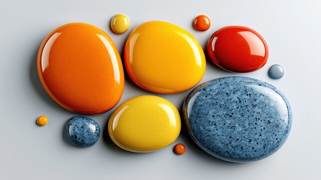 Glossy Oval Shapes Asymmetrical Arrangement Orange Yellow Red Blue Colorful 3D Composition Speckled Texture High Reflection Light Gray Modern Minimalist Abstract Art
