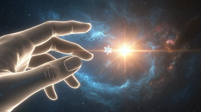 Space, hand and star in galaxy for science fiction, cosmic exploration and universe background. Human, celestial and nebula with bright sun, astrology and light for future marketing concept power