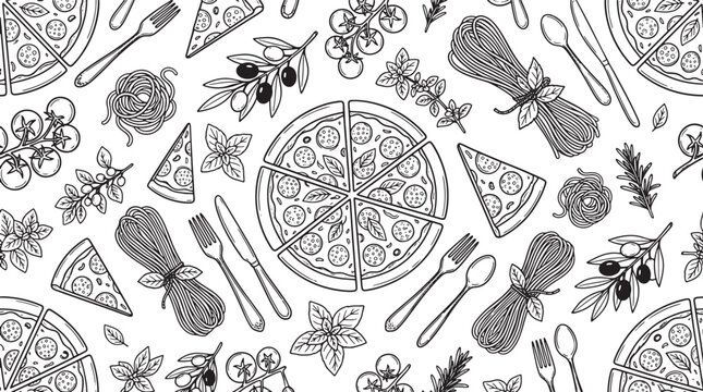Italian food pattern with pizza pasta and herbs hand drawn sketch illustration for restaurant menu design