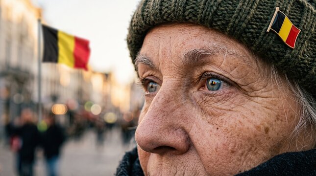 Elderly woman in Belgium on National Day with flag