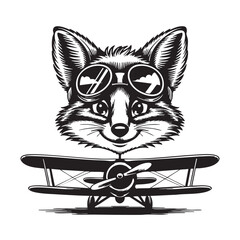 Fox wearing goggles on vintage airplane isolated on white background, Vector, illustration © Emdad