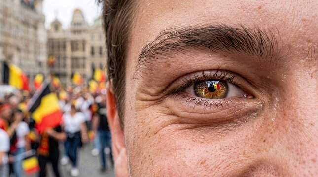 Close-up of eye with Spanish flag during national day celebration