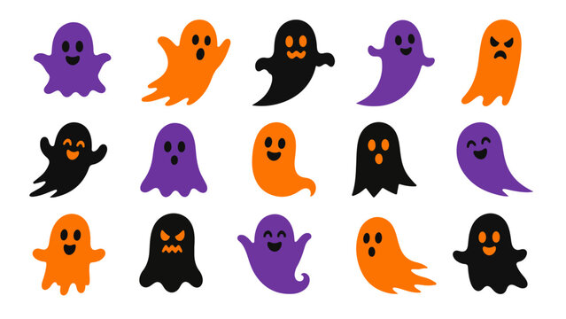 Spooky Cute Ghost Silhouette Collection. Full Vector Flat Cartoon Floating Ghost Character Pack, Funny Expressions, Winking, Smiling Face Asset Sheet for Autumn Pattern, Birthday Invitation