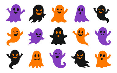 Obraz premium Cute Halloween Ghost Vector Set. Colorful Purple, Orange and Black Spooky Ghost Emoji Bundle, Kawaii Halloween Monsters Clipart Component Isolated on White for Kids Sticker Design