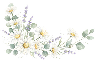 Fototapeta premium Watercolor flowers with white daisies and lavender on white background