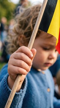 Belgian child holds national flag on holiday in Belgium