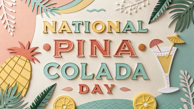 Pi&ntilde;a Colada Day, Colorful layered papercraft design celebrating National Pina Colada Day festivities.
