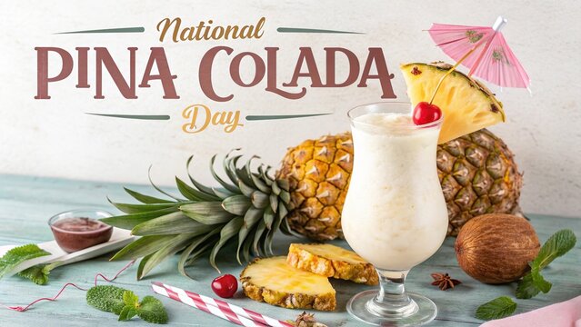 Pi&ntilde;a Colada Day, Fresh pina colada garnished with pineapple, cherry for National Pina Colada Day.
