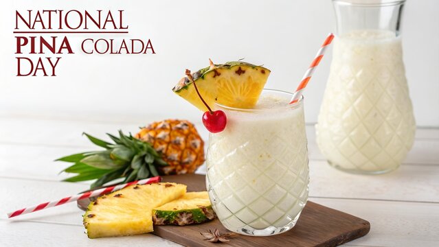 pina colada day, Pi&ntilde;a Colada Day, Creamy tropical cocktail served with extra pitcher for National Pina Colada Day.
