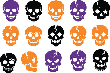 Obraz premium Halloween skull icon collection featuring spooky cracked cartoon skulls with creepy expressions and flat vector illustration set