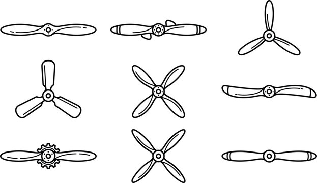 Vintage Airplane Propeller Icon Set with Two, Three, and Four Blade Rotors for Aviation, Marine, Engineering, and Mechanical Graphic Designs
