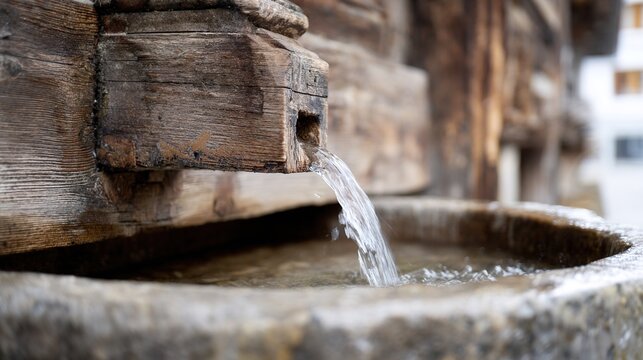 steady. Aged wooden wellhead with water flowing into a stone basin in a rustic setting. travel magazines, destination branding, designed for outdoor magazines and nature guides.