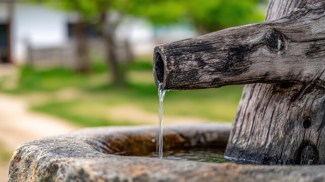 steady. Aged wooden wellhead with water flowing into a stone basin in a rustic setting. travel magazines, destination branding, designed for outdoor magazines and nature guides.