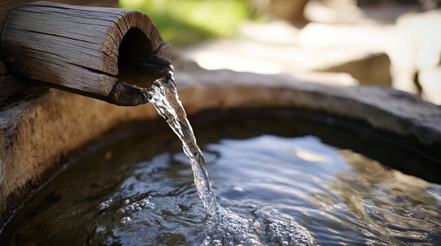 steady. Aged wooden wellhead with water flowing into a stone basin in a rustic setting. travel magazines, destination branding, designed for outdoor magazines and nature guides.