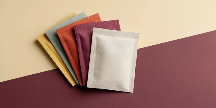 Colorful sachet packets on dual background