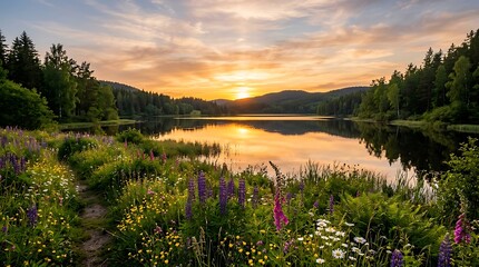 Sunlight reflecting on a calm lake surrounded by wildflowers and forest at sunset © SYEDARASHEKA