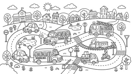 Children's Coloring Page: Busy Town Scene with Vehicles and Houses © Tongseng
