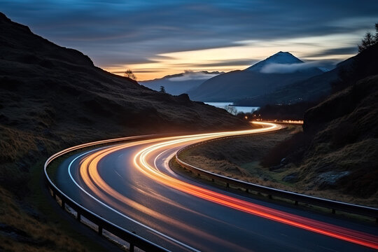 Vibrant Rural Road Scene Featuring Light Trails Through Scenic Landscape