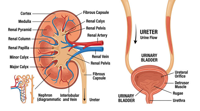 Anatomy of Human Kidney and Urinary System Diagram