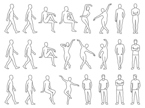Collection of CAD outline people silhouettes for architectural drawings including walking sitting and dancing figures in linear style