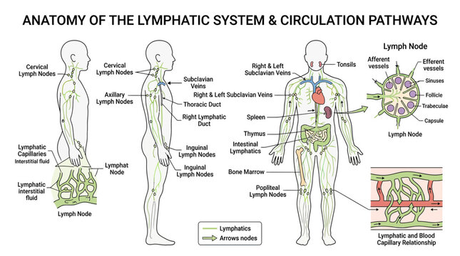 Anatomy of the Lymphatic System and Circulation Pathways - Medical Illustration
