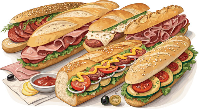 Baguette Sandwich and Sub Long Roll Vector Set with Ham Salami Tomatoes Mustard and Lettuce for Cafe Bakery Restaurant Menu Design