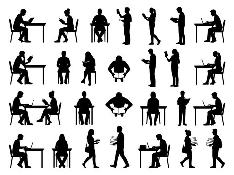 Silhouettes of people reading and working on computers, symbolizing focus and productivity in education and professional settings, including computer-aided design (CAD) activities