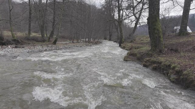 Rushing River Flowing Through Bare Forest in Early Spring