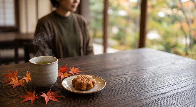 A traditional Japanese green tea in a ceramic cup and a maple-shaped wagashi cake on a plate, set on a rustic dark wooden table with brilliant red maple leaves in autumn.