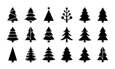 Obraz premium Set of 15 Black Christmas Tree Icons, Vector Graphics for Holiday Design, Winter Celebration Elements, Festive Decoration Symbols