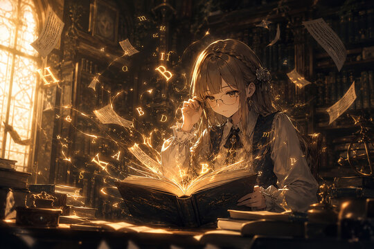 Anime girl with glasses reading glowing magic book in old library with floating golden letters and pages, fantasy illustration,古い図書館で光る魔導書を読む眼鏡の少女 舞う金色の文字とページ ファンタジーアニメイラスト