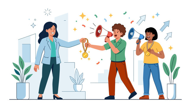 Business manager giving gold medal to successful referral program participants with megaphones flat vector illustration.
