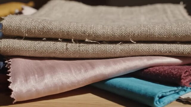 A stack of colorful fabrics including brown, pink, blue, and red textiles are neatly folded on a wooden surface.