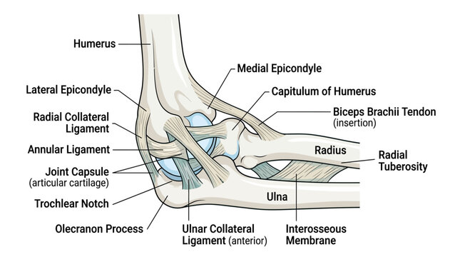 Elbow Joint Anatomy Diagram with Labels: Humerus, Ulna, Radius, Ligaments