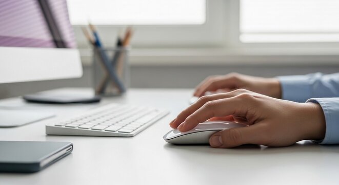 Close-up of a person's hands actively typing on a computer keyboard and using a mouse at a desk