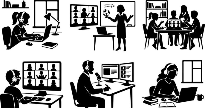 Set of silhouettes representing people working and studying remotely vector illustration